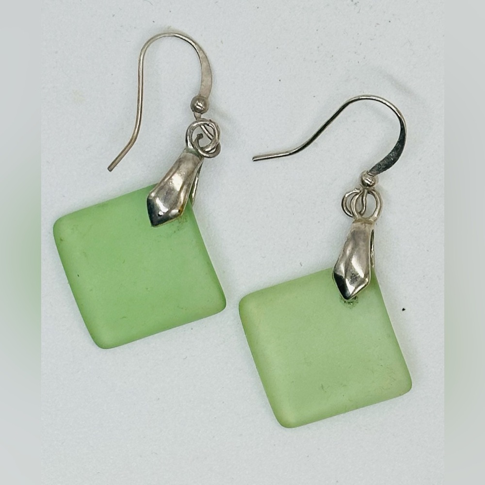 Sea Glass Silver Drop Earrings Satin Green Pierced Hooks Beach Boho Artisan - Picture 2 of 3